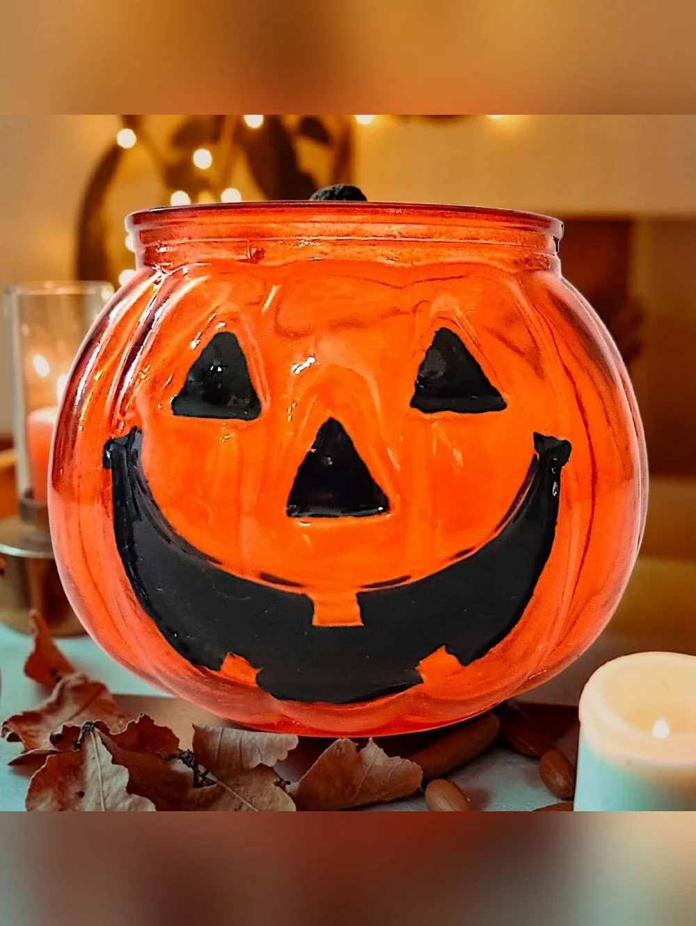 Mini Orange Glass Pumpkin Candle Holder Jack O Lantern Tealight Votive Halloween